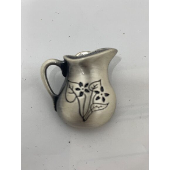 Tiny Pewter Pitcher Pin Brooch With Floral Design - Vintage Style Jewelry Piece - Picture 1 of 4